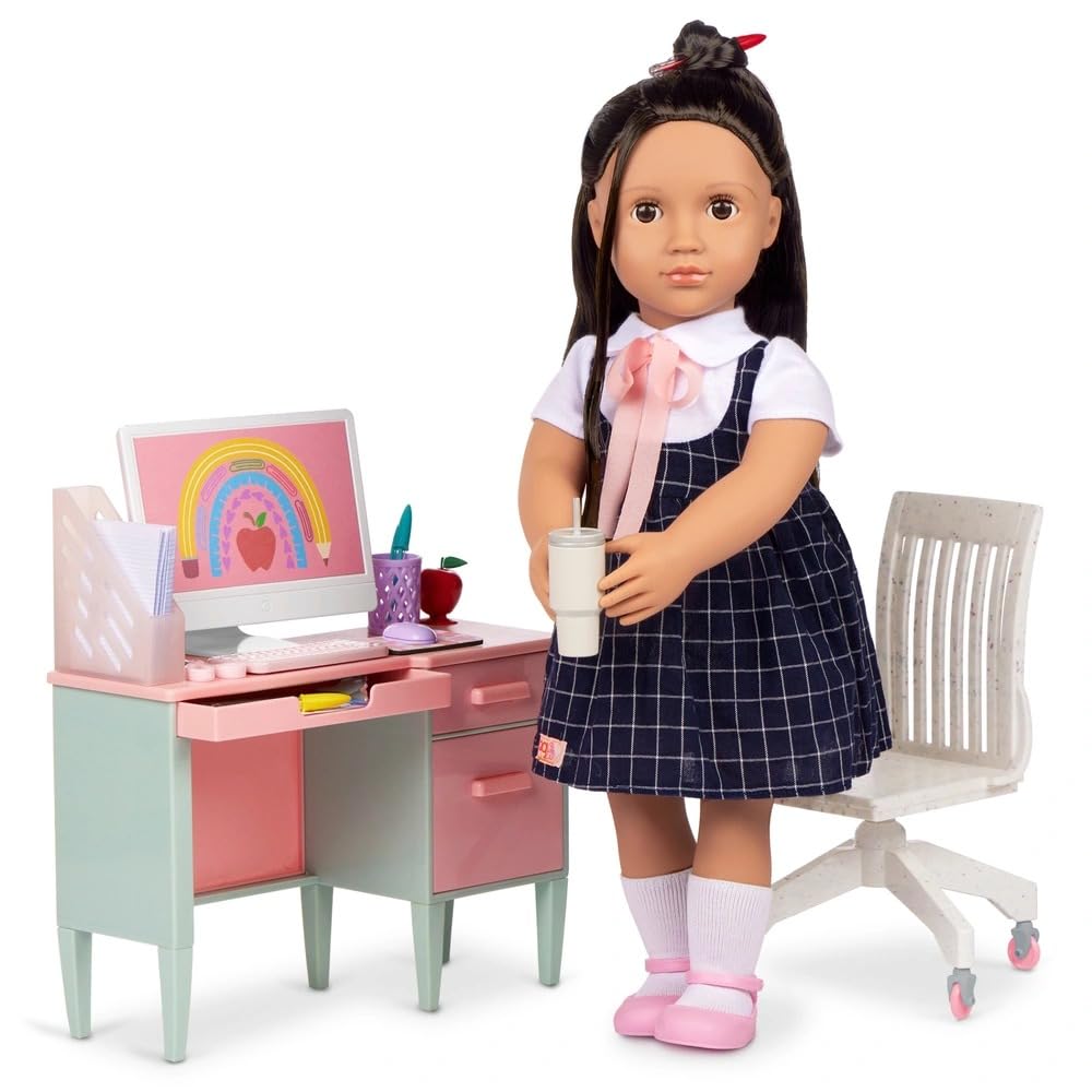 AIDNI Our G Class in Session Teacher's Desk Set for 18-Inch Dolls, Classroom Furniture Playset with Desk, Rolling Chair, Computer, School Supplies & Accessories, Pretend School Play (Dolls Not Incl