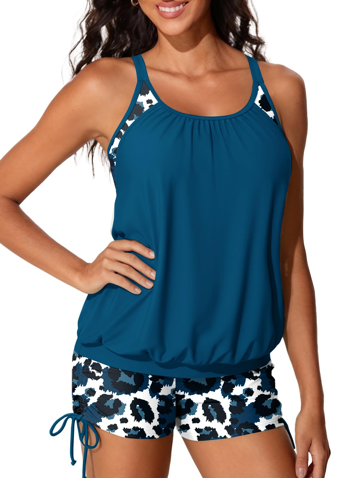 Photo 1 of Summer Mae Blouson Tankini Swimsutis for Women 2026 Modest Tummy Control Bathing Suits Lace Hollow Out Swimwear Blue Leopard Print Size 14