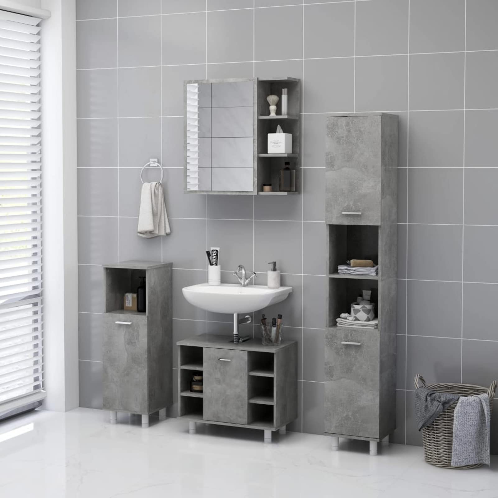 Moderno armario de pared con espejo de baño con estantes de almacenamiento, color gris hormigón, 62,5 x 20,5 x 64 cm