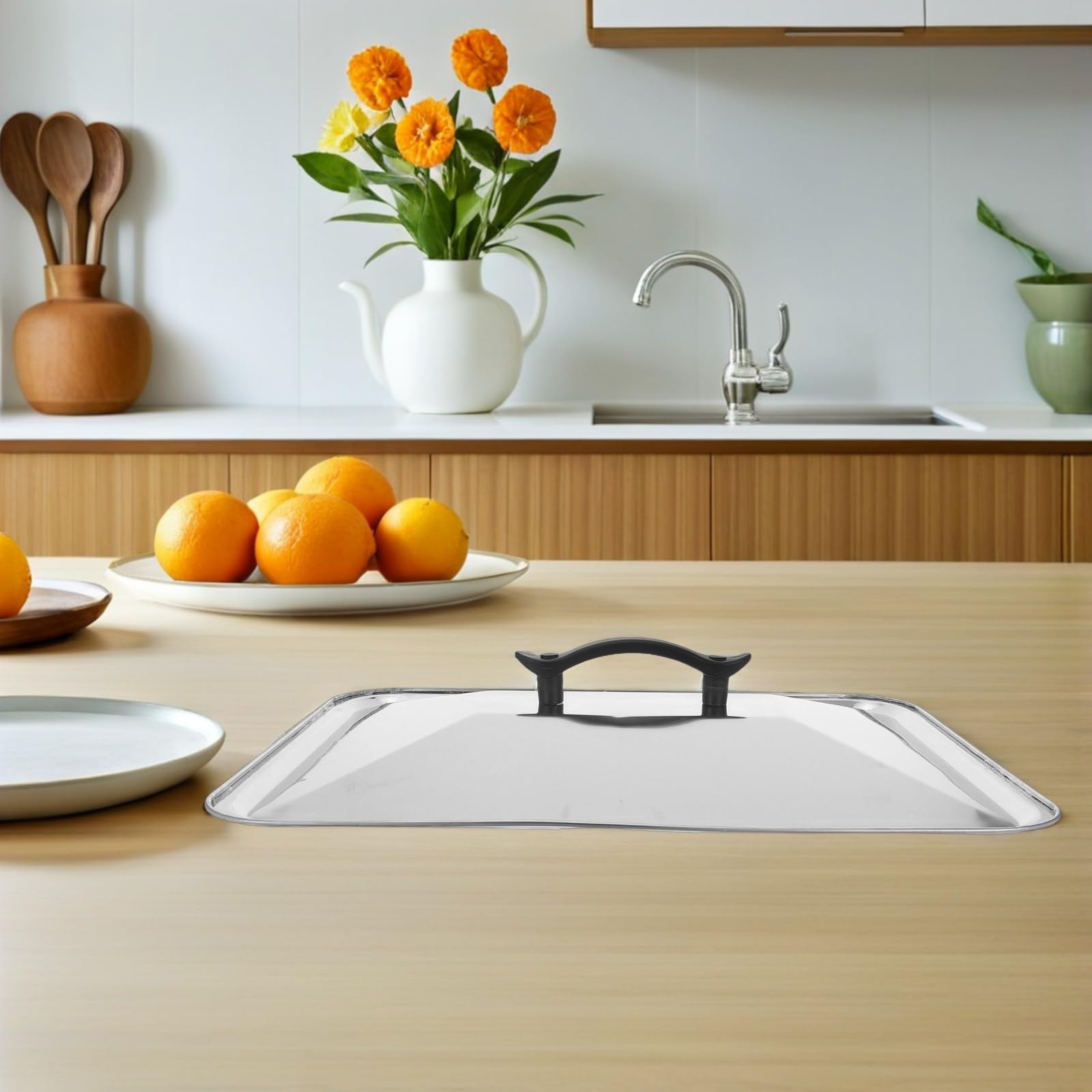VANZACK Coperchio Rettangolare in Acciaio Inossidabile 39X29 CM Impugnatura Ergonomica Coperchio Anti-Schizzi per Pentola da Cucina e Cottura a Vapore Utensile da Cucina Professionale
