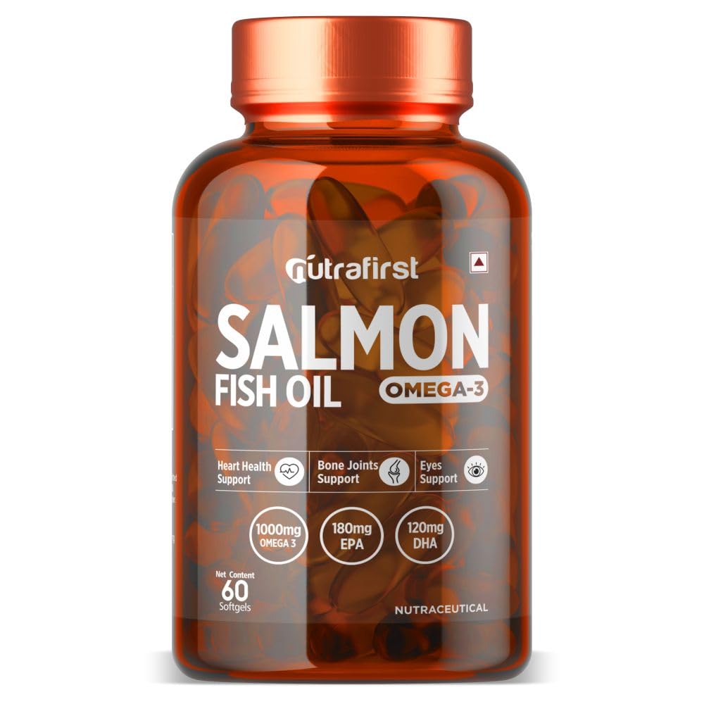 Salmon Fish Oil Omega-3 Capsules (60 Softgels) (1000mg) | EPA 180mg & DHA 120mg | Supports Heart, Brain, Eye & Joint Health | No Fishy Burps | For Men & Women – Pack of 1