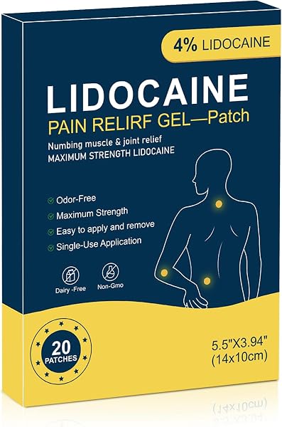 4% Lidocaine Maximum Strength Pain Relief Patch, Used toTreatment Back Knee Neck Joint Ache Muscle Soreness Topical Analgesic, 20 Patches-E2 - 1