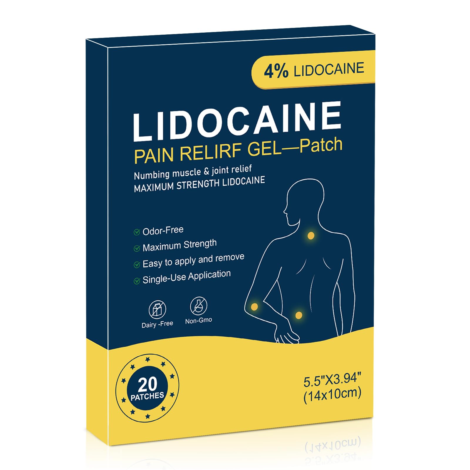 4% Lidocaine Maximum Strength Pain Relief Patch, Used toTreatment Back Knee Neck Joint Ache Muscle Soreness Topical Analgesic, 20 Patches-E2