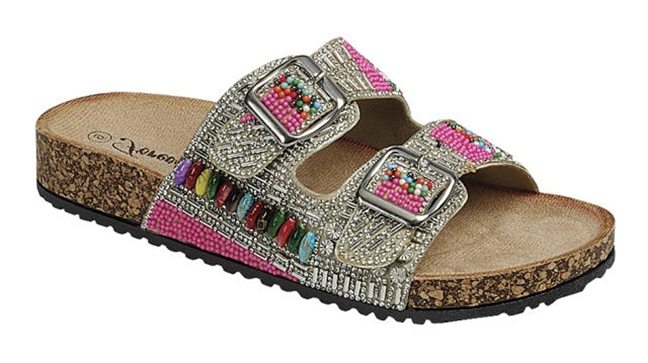 Forever LinkWomen's Rhinestone Double Buckle Adjustable Slip On Sandals