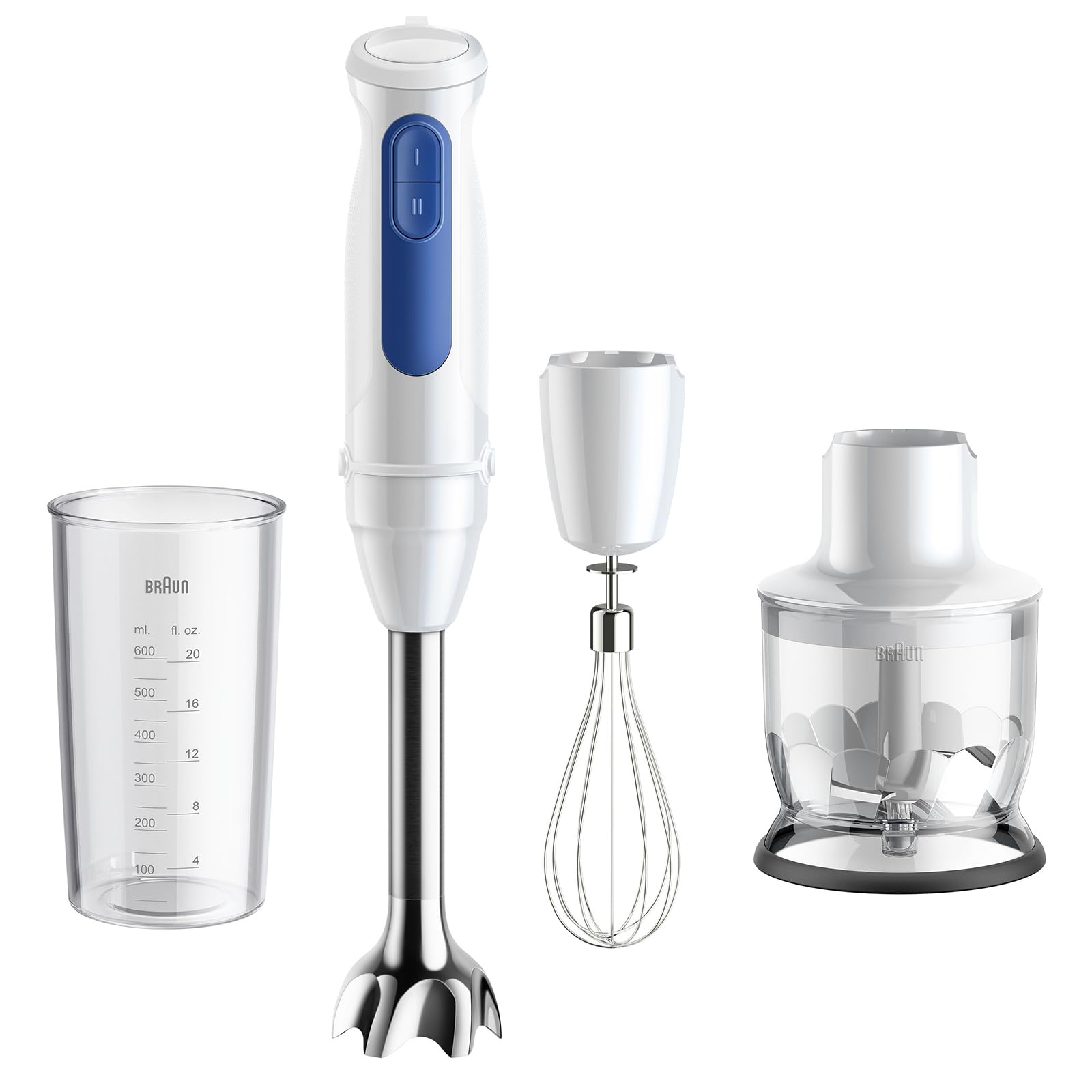 Braun Blender ręczny MultiQuick 3 MQ30202M, technologia PowerBell VPlus, 2 prędkości, system EasyClick Plus, 3-częściowy zestaw akcesoriów (rozdrabniacz 350 ml, kubek 600 ml, trzepaczka), 900 W, biały