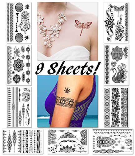 9 Sheets Black Henna Temporary Tattoo Stickers For Women Adults Teens Girls