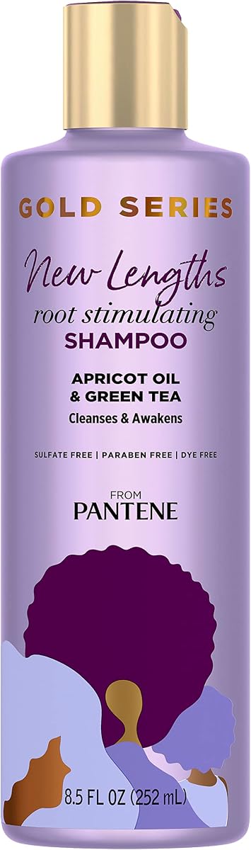 Pantene Gold Series Champú estimulante de raíces New Longituds con aceite de albaricoque y té verde, para cabello natural, texturizado, rizado y enrollado, sin sulfato, sin parabenos, 8.5 onzas líquidas