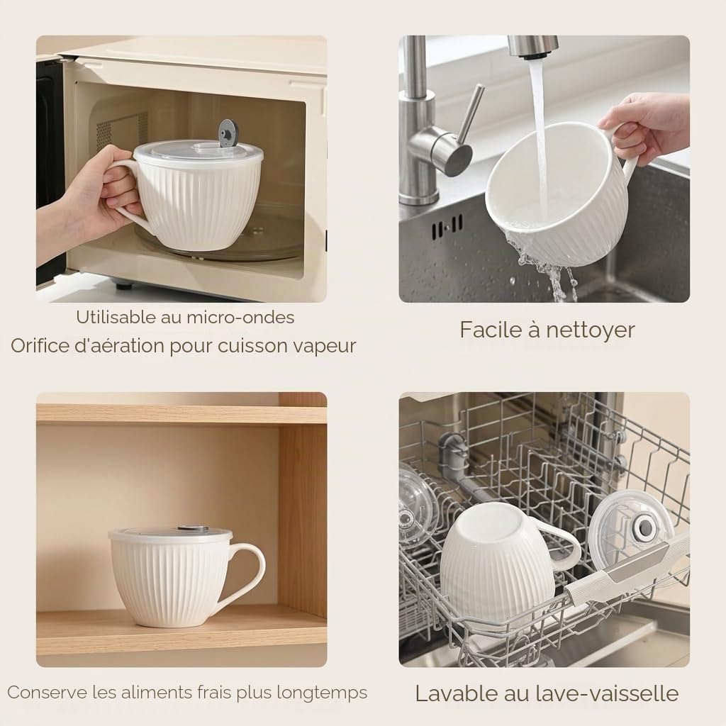 Tasse à soupe en céramique avec couvercle, 1 grand bol à bouillie et à céréales, passe au micro-ondes avec poignées pour ramen, porridge, préparation des repas, petit déjeuner, cadeau idéal pour