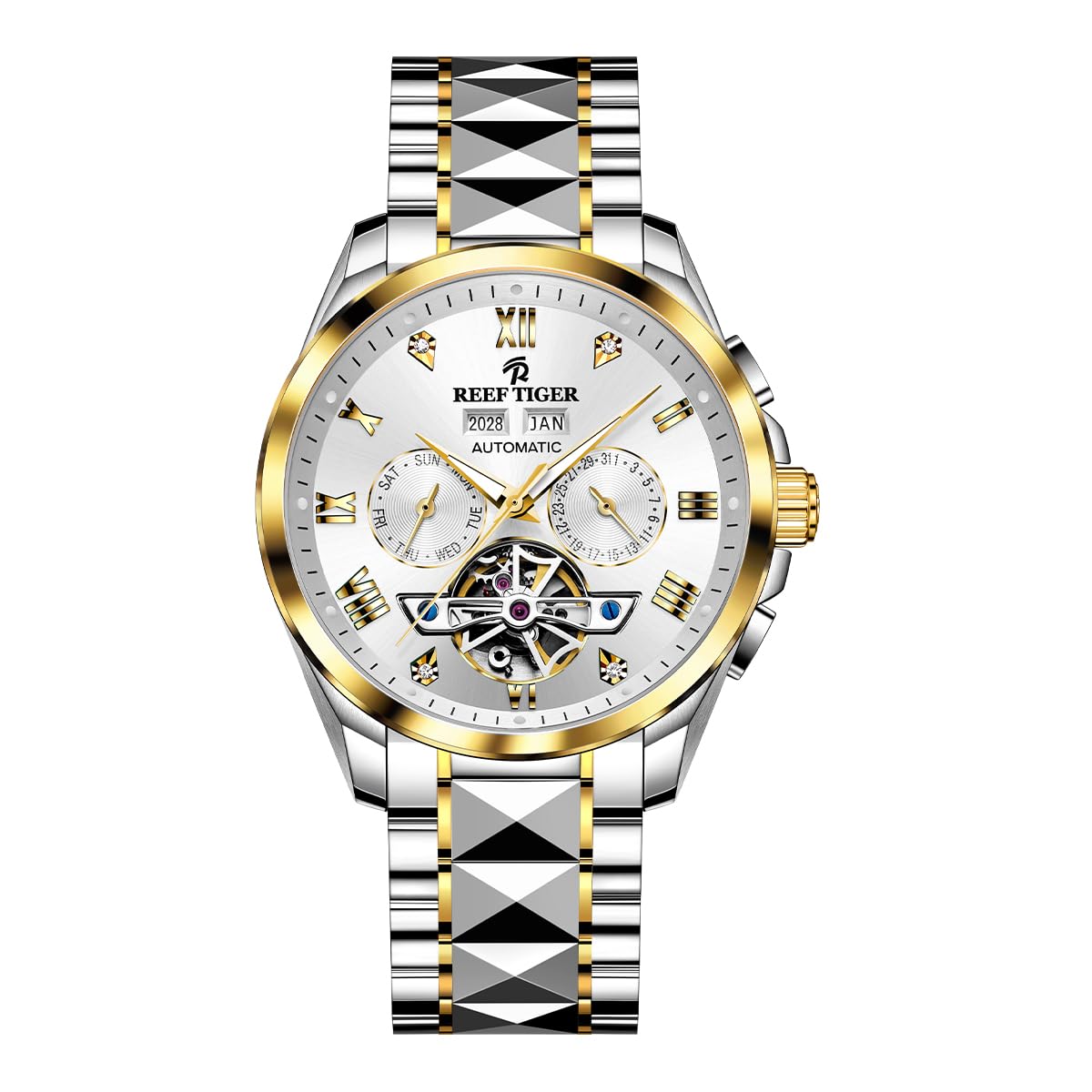 REEF TIGER Reloj mecánico de calendario completo de moda con tres ventanas de acero inoxidable esqueleto impermeable reloj para hombres RGA8235