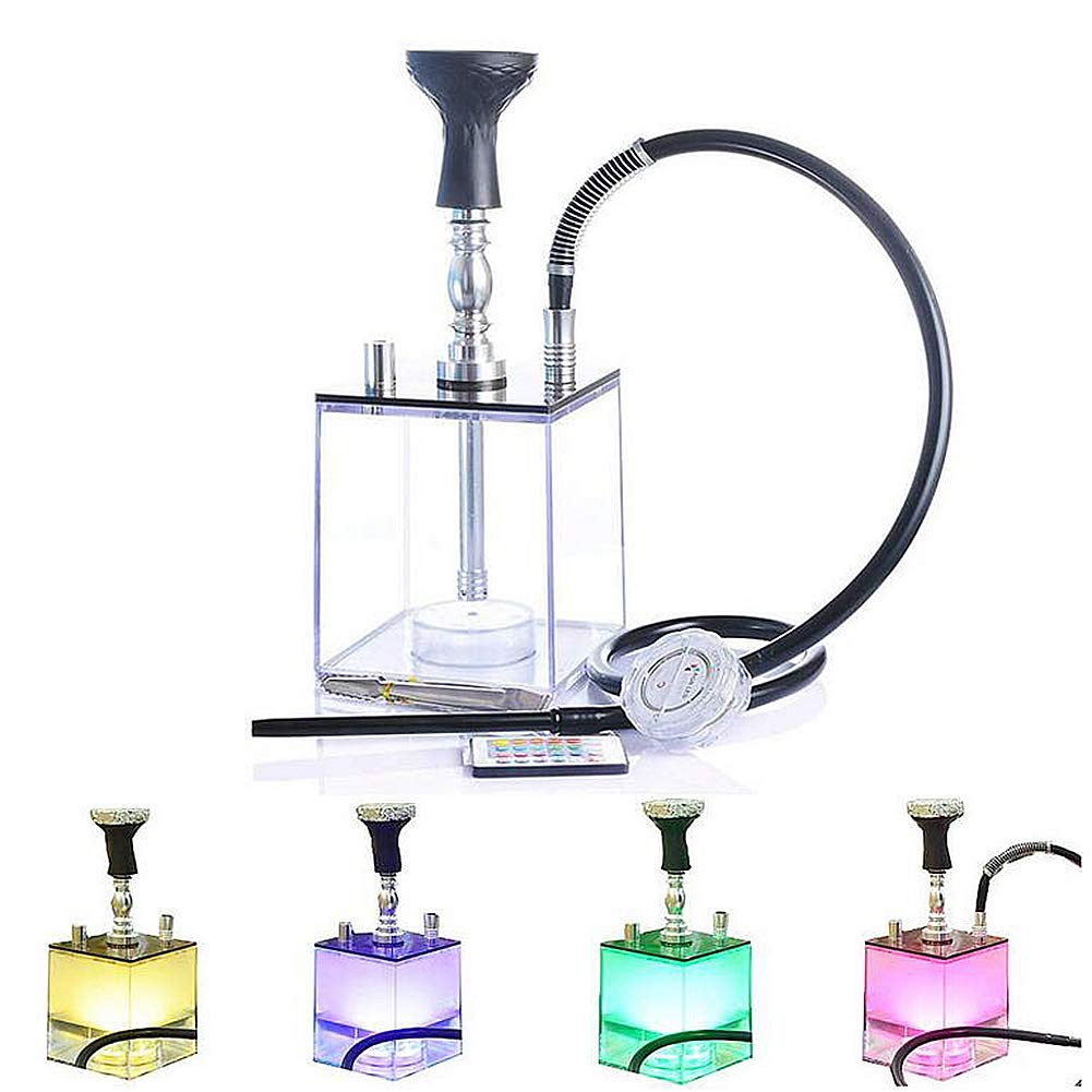 FLL-AD Hookah Set Acrylic Shisha Kit with LED Light,Silicone Bowl and Hose,Portable Charcoal Holder Set Top Grade Shisha Square Durable + Accessories -Away from Nicotine Poisoning,Without Nicotine