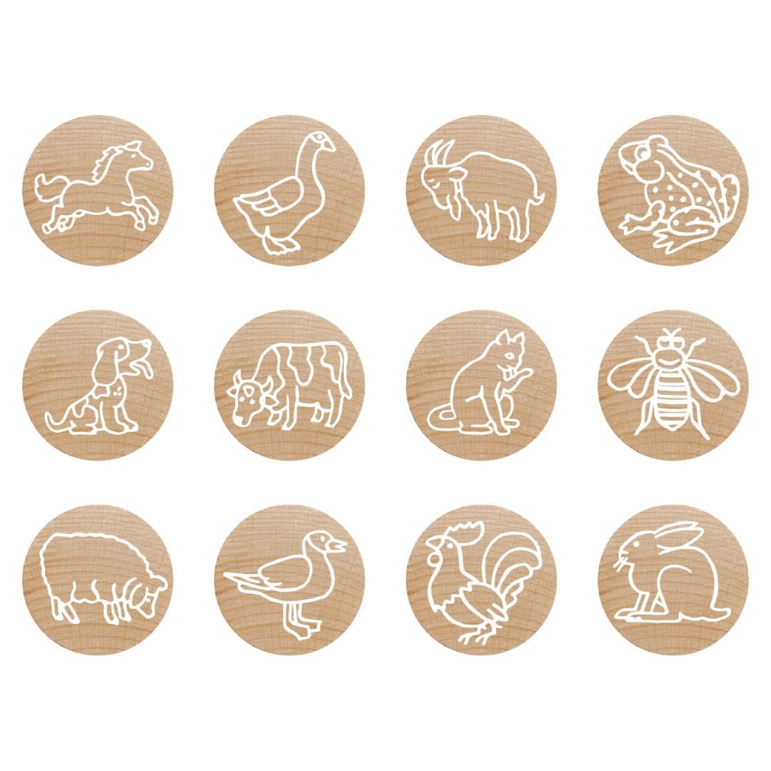 Juego de sellos de madera COLOP Woodies «Animales de granja» con 12 motivos, sellos identificativos y motivadores de madera de haya, tamaño de la impresión: Ø 29 mm, rectangular