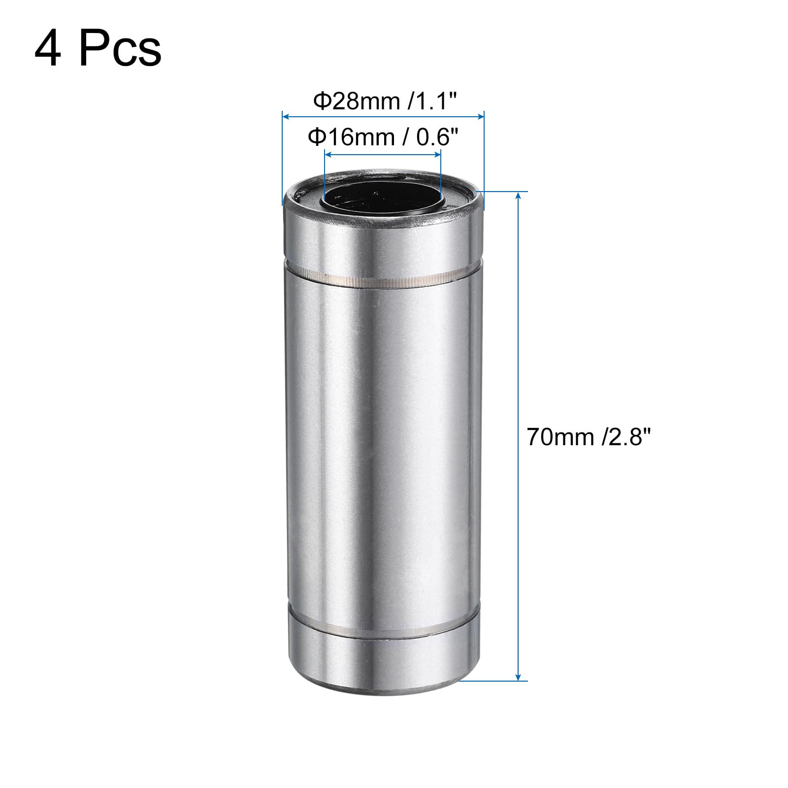 QUARKZMAN 4pz Cuscinetto Lineare Lm16Luu 16mm Foro 28mm OD 70mm Lunghezza Cuscinetti Sfera Lineari Doppio Lato Cuscinetto Sigillato Gomma Acciaio per Macchina CNC Stampante 3D Imballaggio