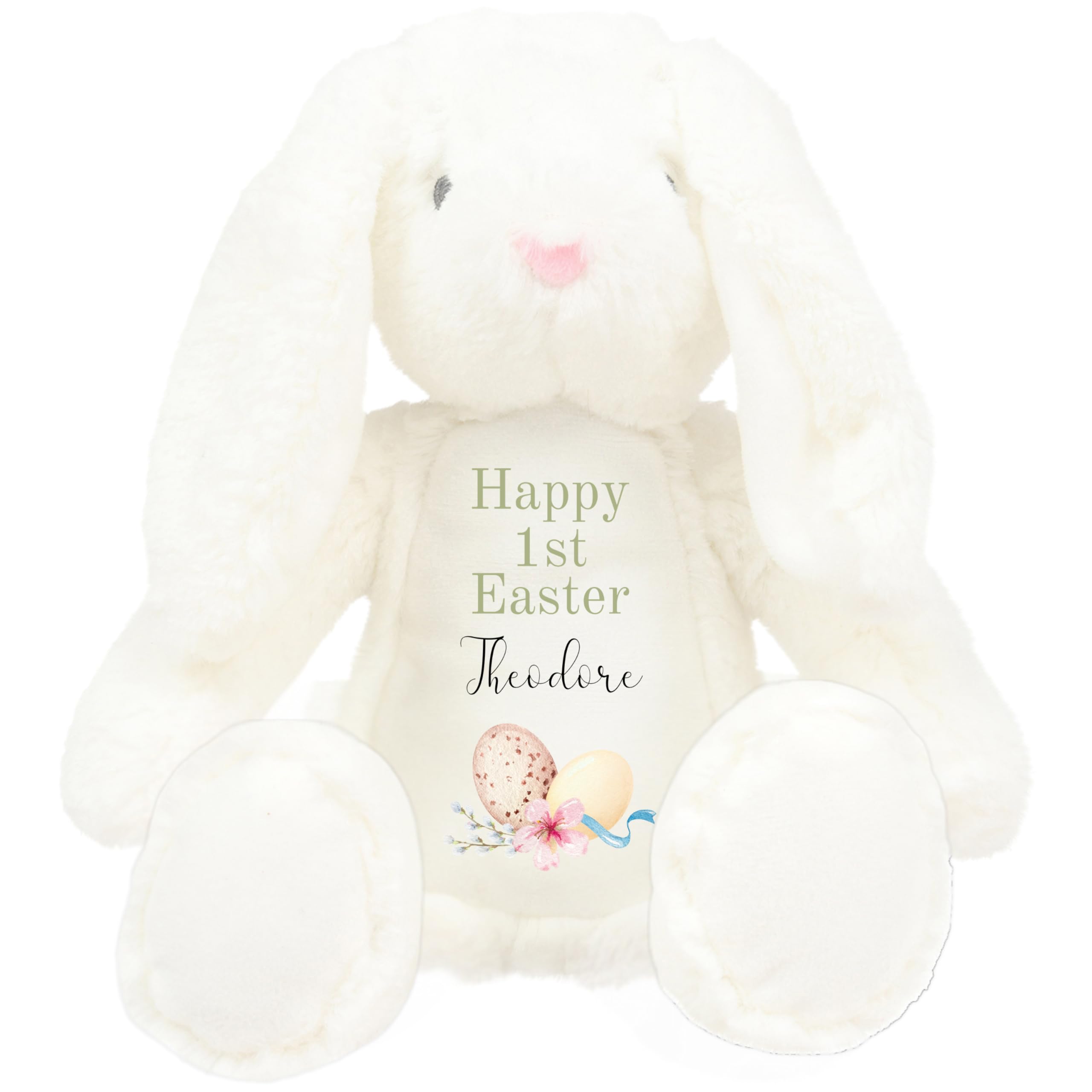 HotScamp Personalised Easter Bunny with Name - Happy 1st Easter Egg Green - Soft Toy for Baby, Toddler, Children, Kids, Babies Spring Time - Green Letter White Bunny