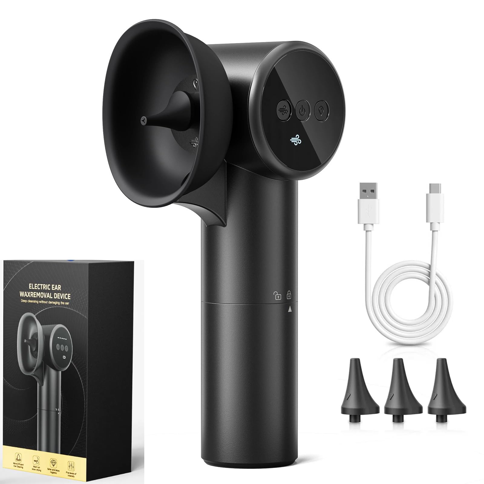 WildFun 2-IN-1 Kit de nettoyage des oreilles, Kit d'élimination de cérumen électrique avec 5 Modes de nettoyage et 1 Mode de soufflage modes, Elimination du Cérumen Rechargeable, IPX7 étanche (black)