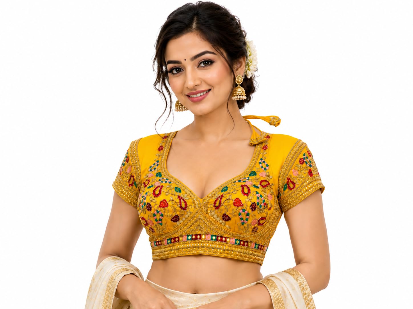 Italian Silk Mustard Yellow Mirror Work Blouse (Fit Yourself)-picture-11