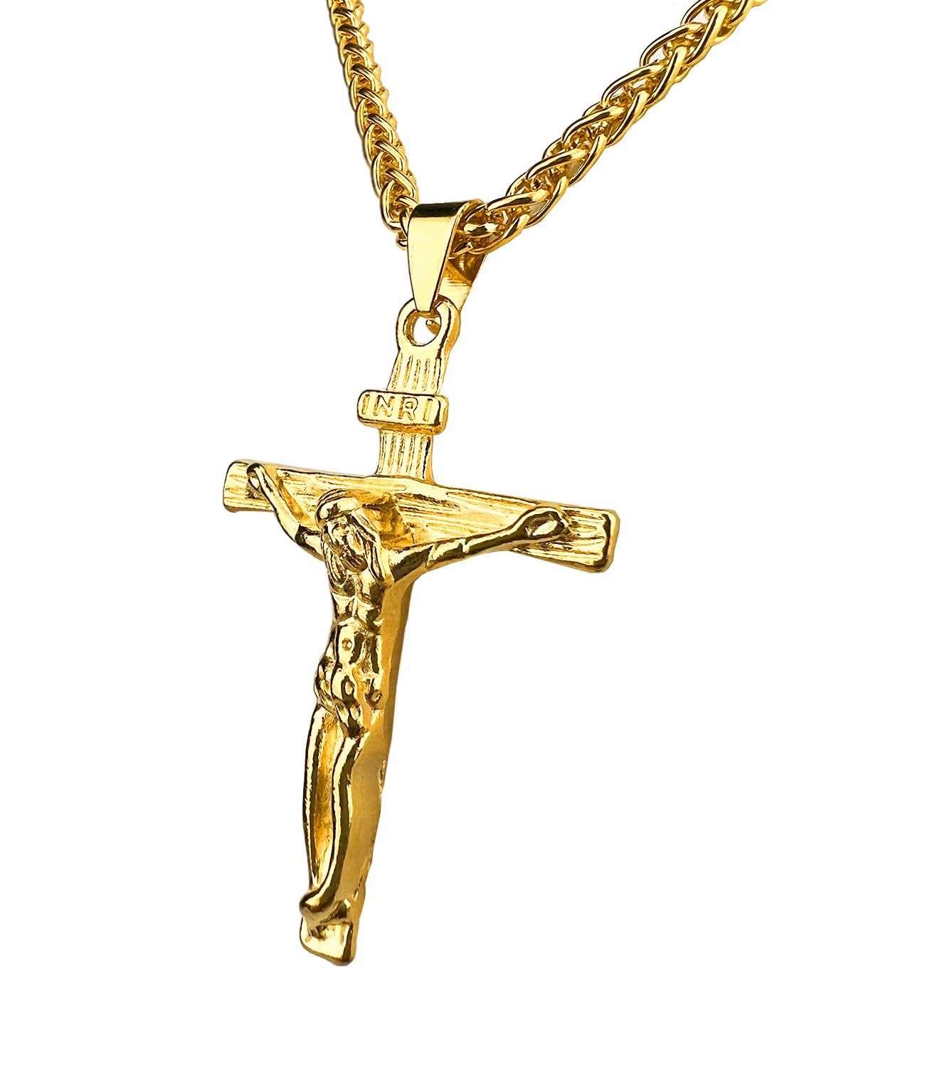ORENTINI3.5mm 22.5" Figaro Chain Necklace With 18K Gold or 925 Silver Plated Cross Pendant with Jesus INRI Crucifix and Lobster-Claw-Clasp for Men, Women With Gift Box
