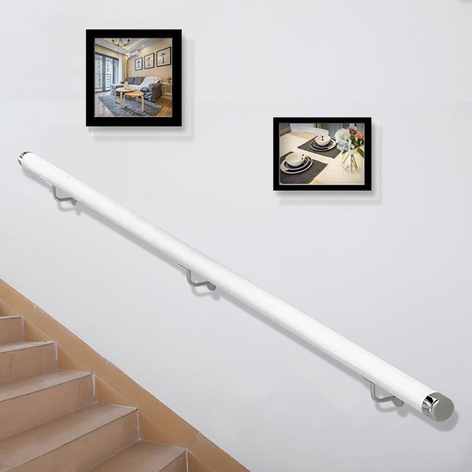 Wooden Stairs Banister Handrail, Non Slip Round Stair Railings Support Rod, Wood Hand Railing with Bracket Stair Grab Bar Kit, Staircase Handrails with Grab Rail Complete (White, 300cm)