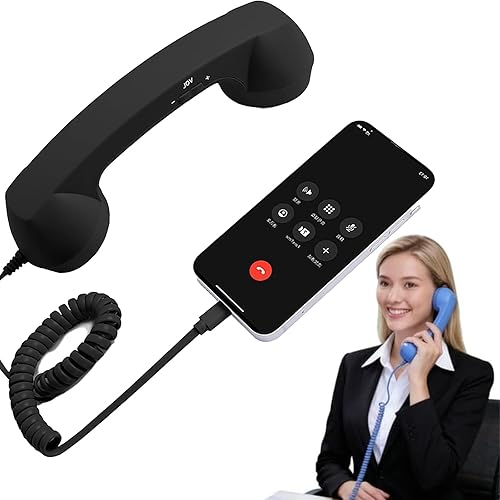 Auricular retro para iPhone y Android con micrófono y altavoz, teléfono vintage de la vieja escuela para teléfonos móviles (negro, interfaz tipo C)