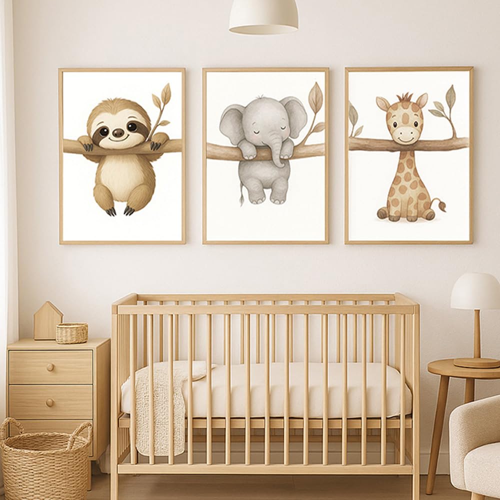 3 Laminas Animales Infantiles 30X40CM Cuadros Para Cuarto de Bebe Safari Poster Niños Habitacion Lienzo Animales Bebé Laminas Decorativas Pared Bebe Niña Cuadros Infantiles Beige sin Marco