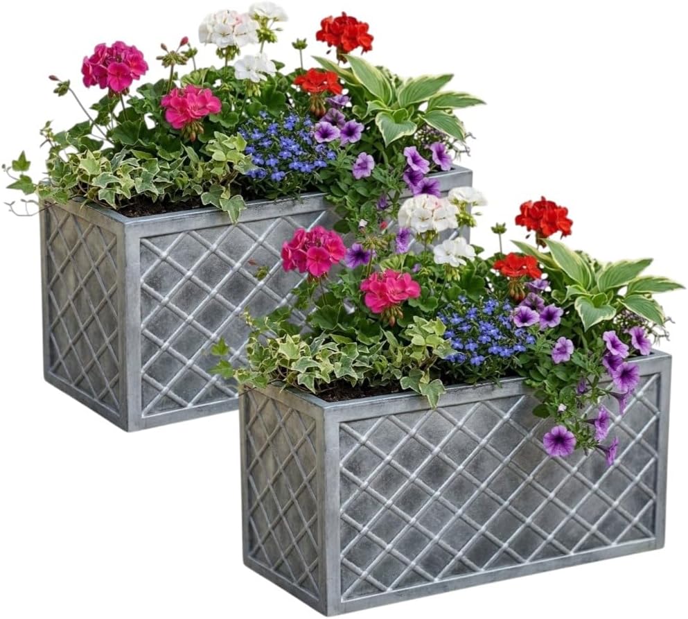 Shop4allsorts Set Of 2 Large Trough Planters - Pewter Grey Outdoor Lazio Trough - Lattice Style Rectangular Plastic Garden Plant Pot - Garden Balcony, Patio Flower Planter 70cm.