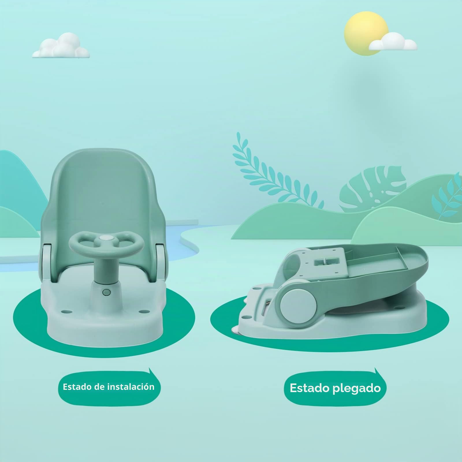 Asiento de baño para bebé con respaldo ajustable, silla de ducha plegable para bebés con ventosa fuerte, portátil para bebés a partir de 6 meses, verde