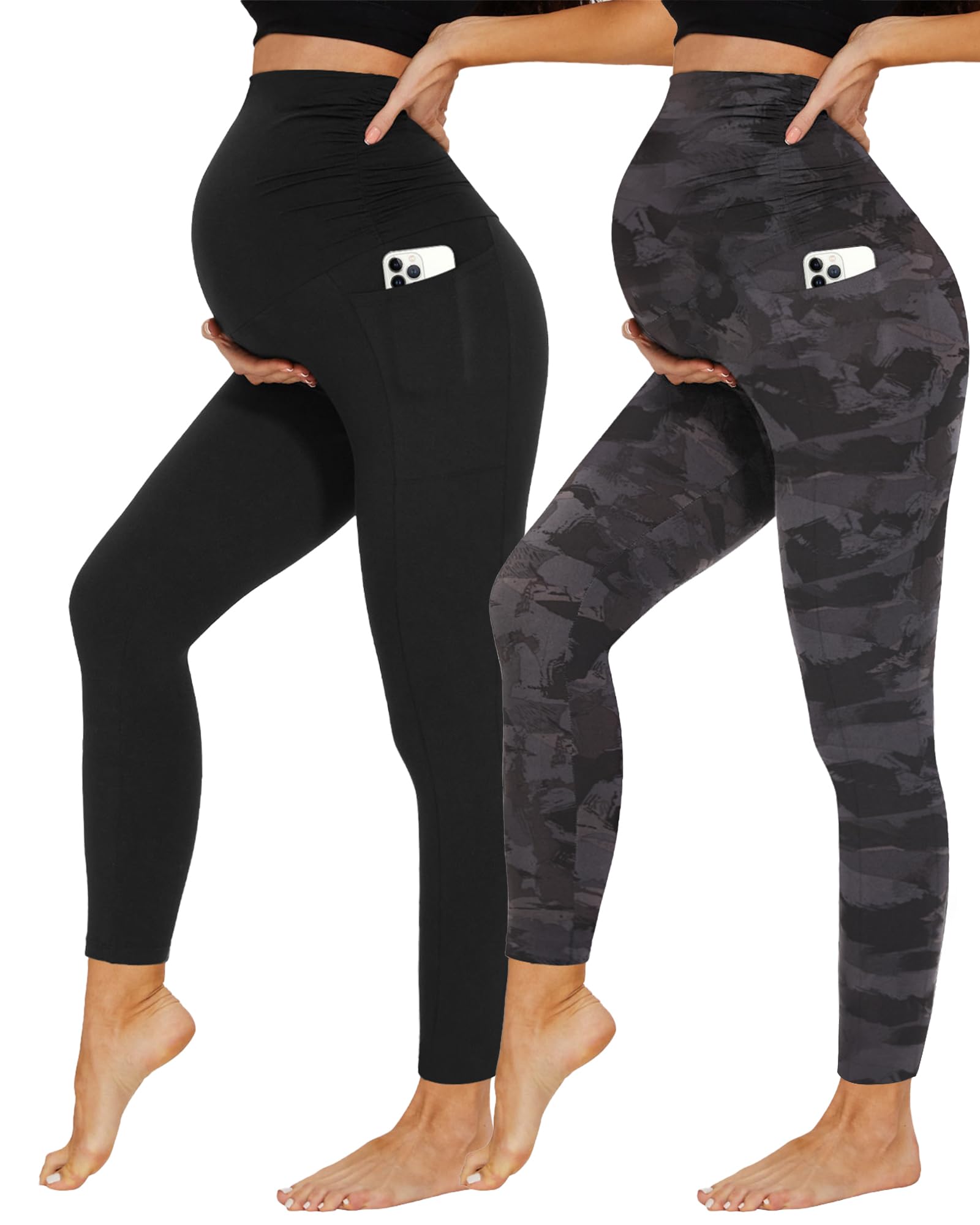 DDOBB 2 Pack Maternity Leggings Over Bump with Pockets High Waist Black Soft Belly Support Stretchy Pregnancy Pants Yoga Workout Pajama Trousers — view 12