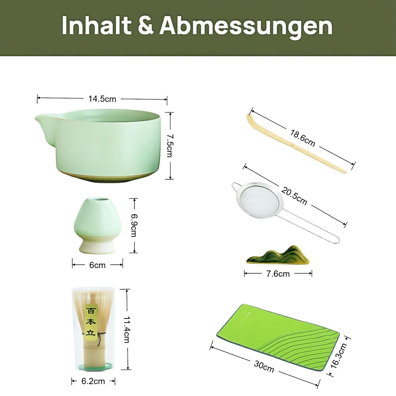 Matcha Set 7-tlg, Hellgrün Matcha Schale aus Keramik mit Matcha Besen aus Bambus und Besenhalter, Sieb, Löffel & Tee-Tuch für Matcha-Zeremonie zu Hause oder als Geschenk