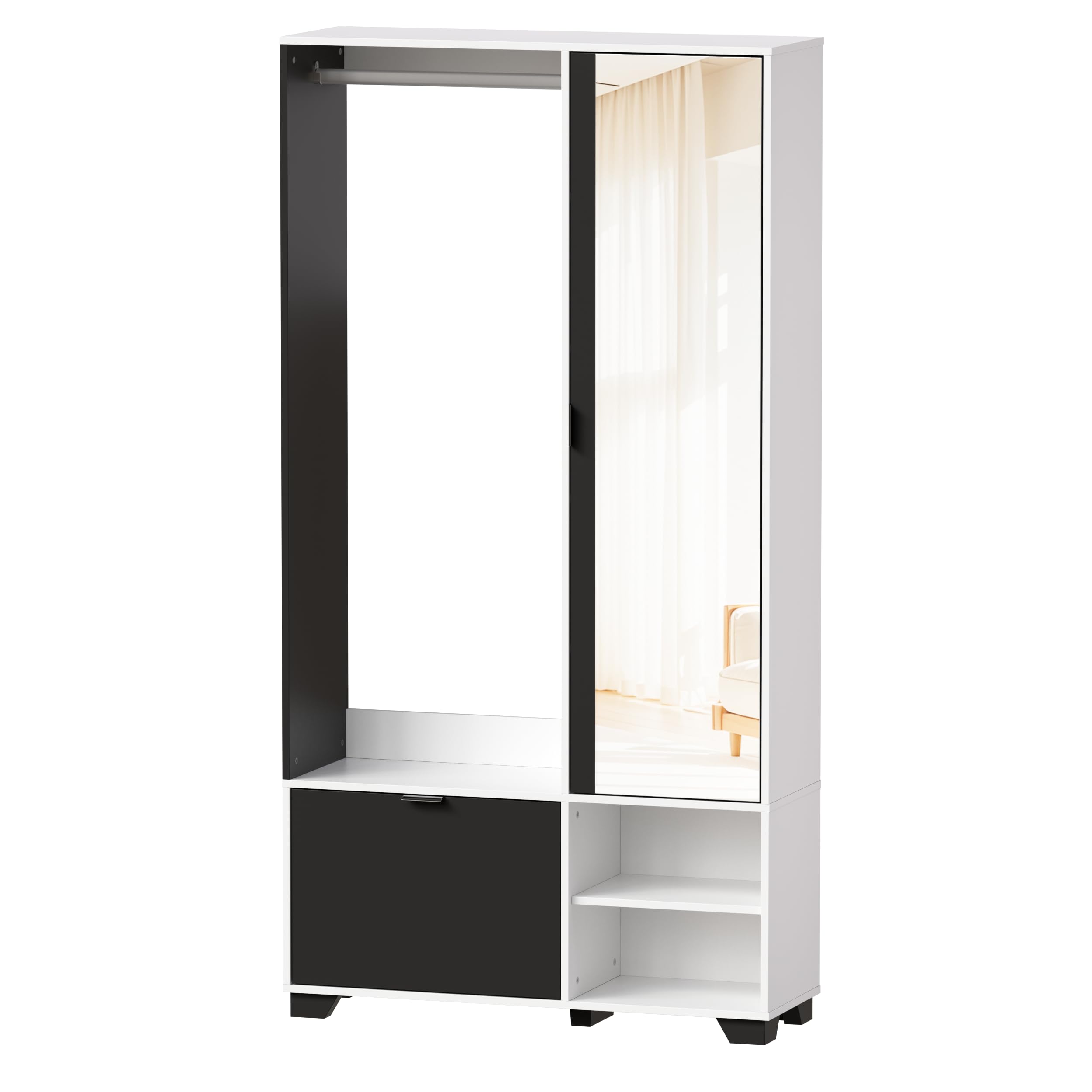 MSFE Meuble d'entrée Vestiaire avec 144 cm Miroir,Ensemble de Garde-Robe Compact avec Tringle à Vêtements,Armoire à Chaussures et Compartiments,Meuble D'entrée avec Rangement,100L x 33L x 190H cm