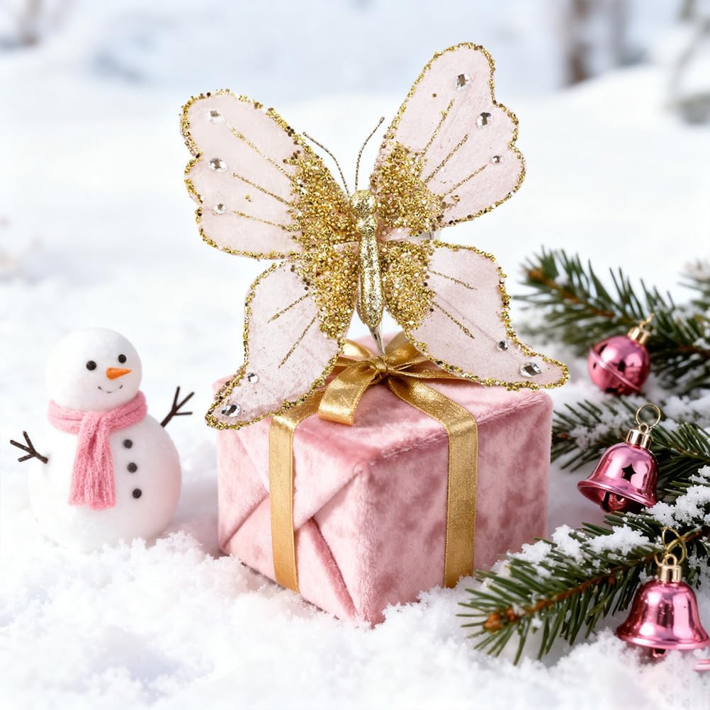 1pcs Pink Glitter Big Butterfly Christmas Ornament with Clip, Artificial Butterfly Christmas Tree Decoration Festive Wedding Home Holiday Decoration - Image 3
