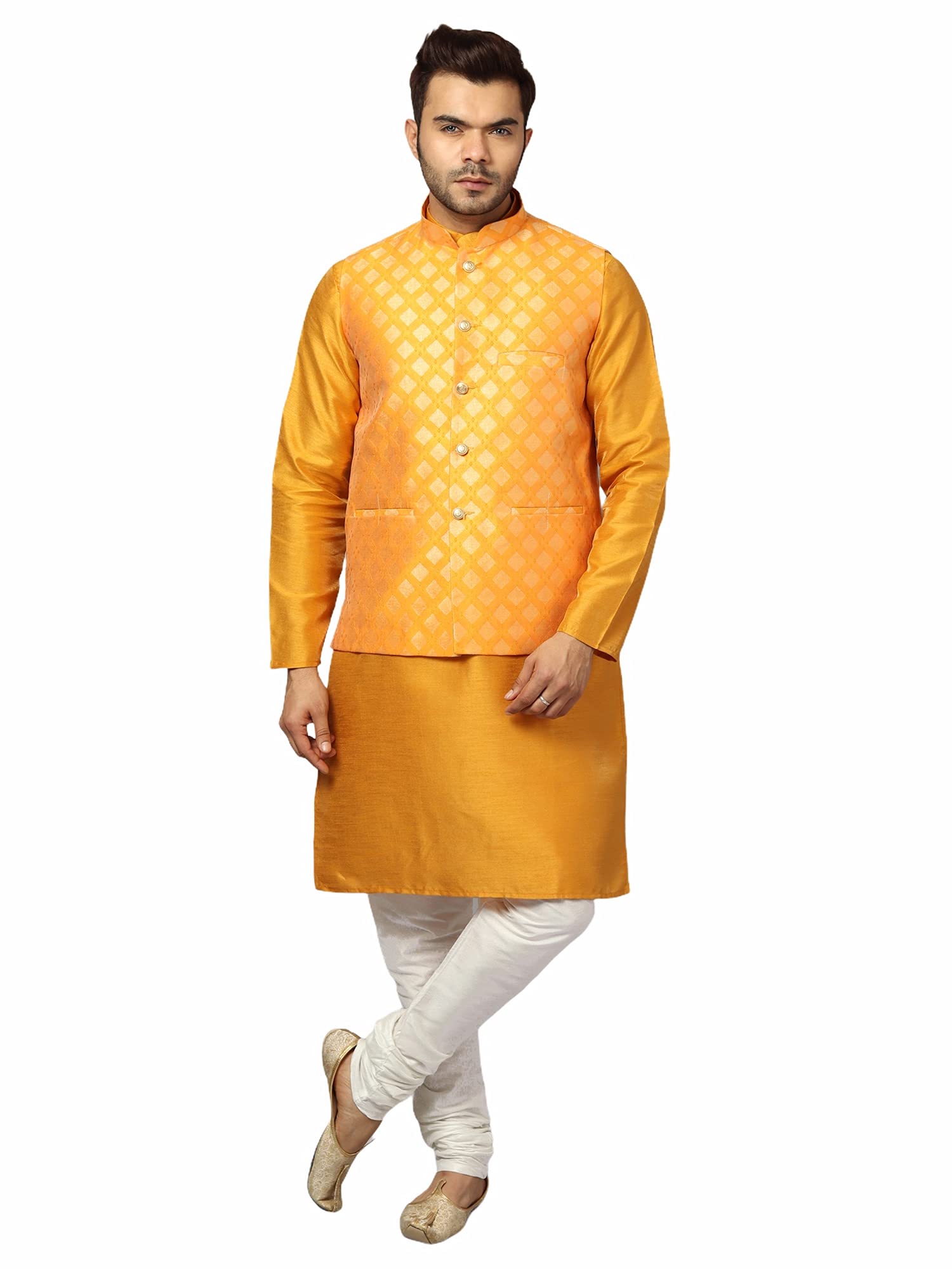 Uri and MacKenzie Men's Silk Blend Regular Kurta Churidar Pyjama with Bundi Nehru Jacket/Waistcoat