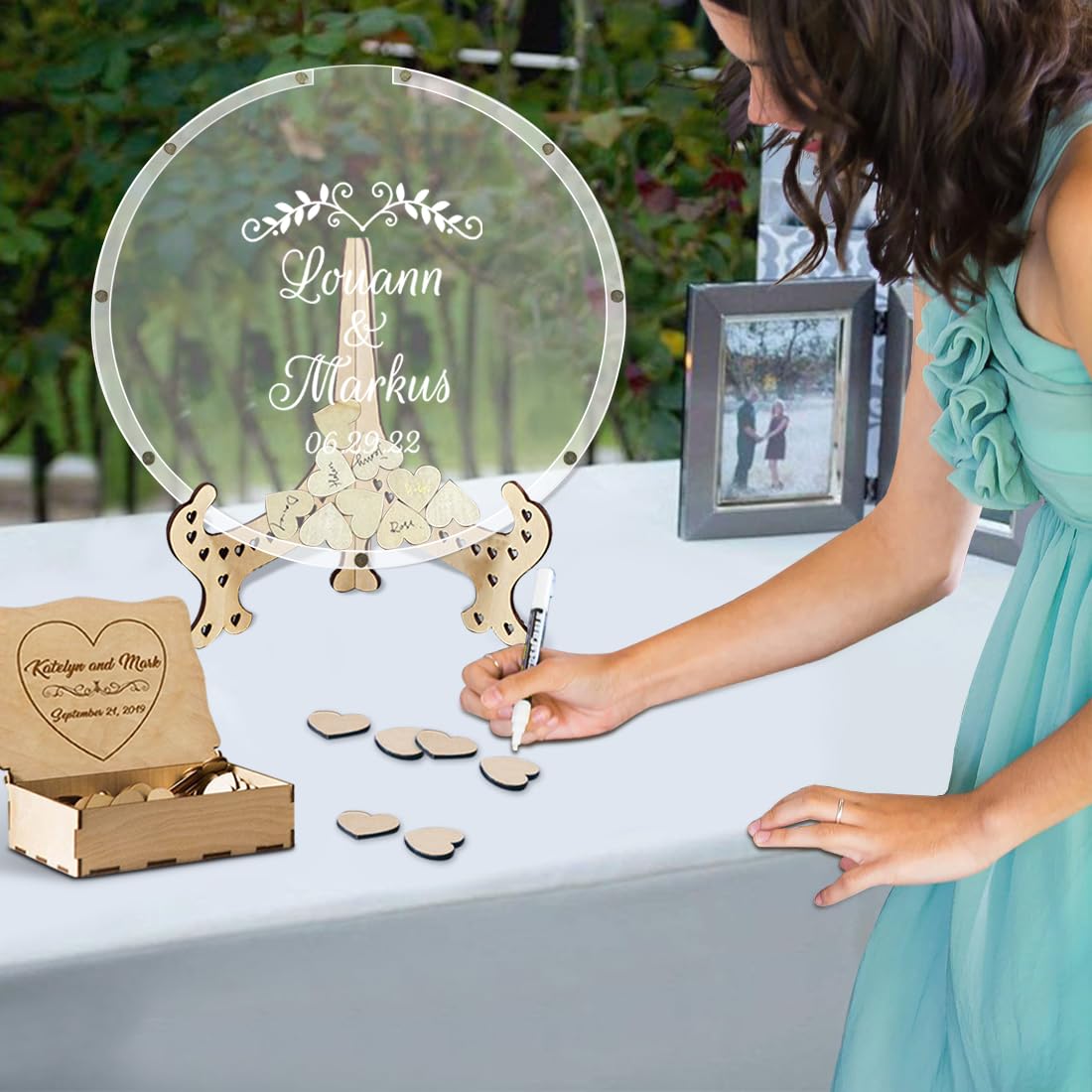 Libro Degli Ospiti Matrimonio Personalizzato A Forma Di Cuore - Alternativo Con Supporto E 30-100 Cuori In Legno, Decorazione Da Parete - 2
