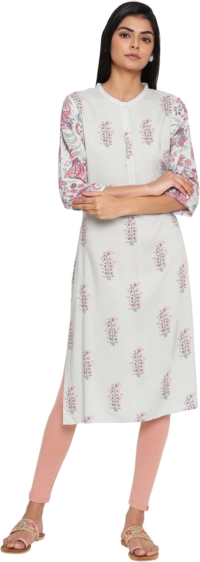 Kurta ストレート マンダリンカラー プリント グリーンビスコース