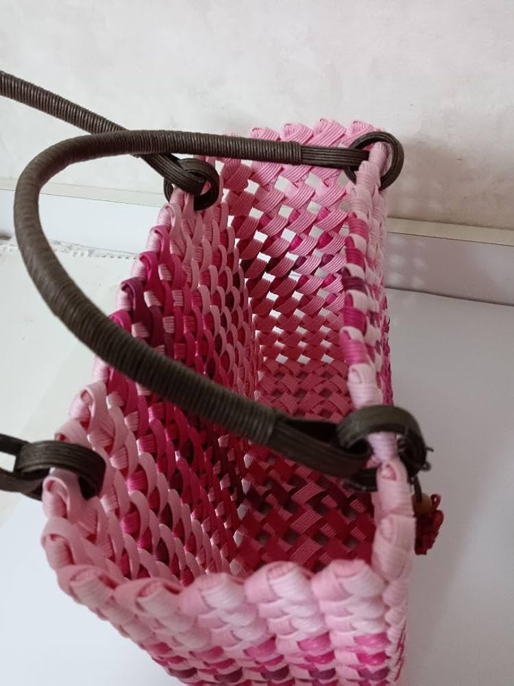 Amazon.co.jp: エコクラフトかごバッグ石畳編みピンク紙バンドエコ