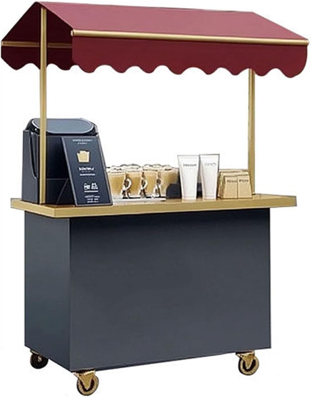 4-Wheel Portable Mobile Vending Cart with Wheels, Iron Market Stall with Canopy and Storage Box,Portable Vendor Stand for Ice Cream, Snacks(A,120CM)