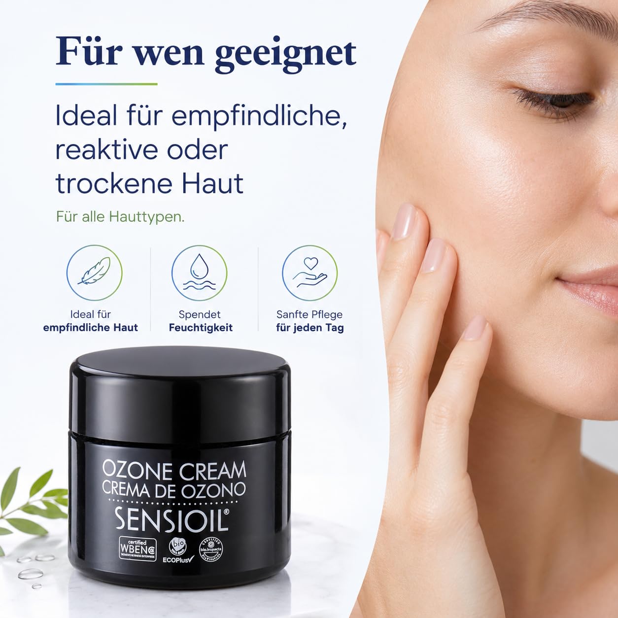 OZOLABS Ozon-Gesichtscreme 50 ml - Feuchtigkeitscreme Anti-Aging für empfindliche Haut | Ozonöl Olive, Sonnenblume + Aloe Vera | Regenerierend für Tag & Nacht | Vegan, Bio | EcoPlus · ISO 9001