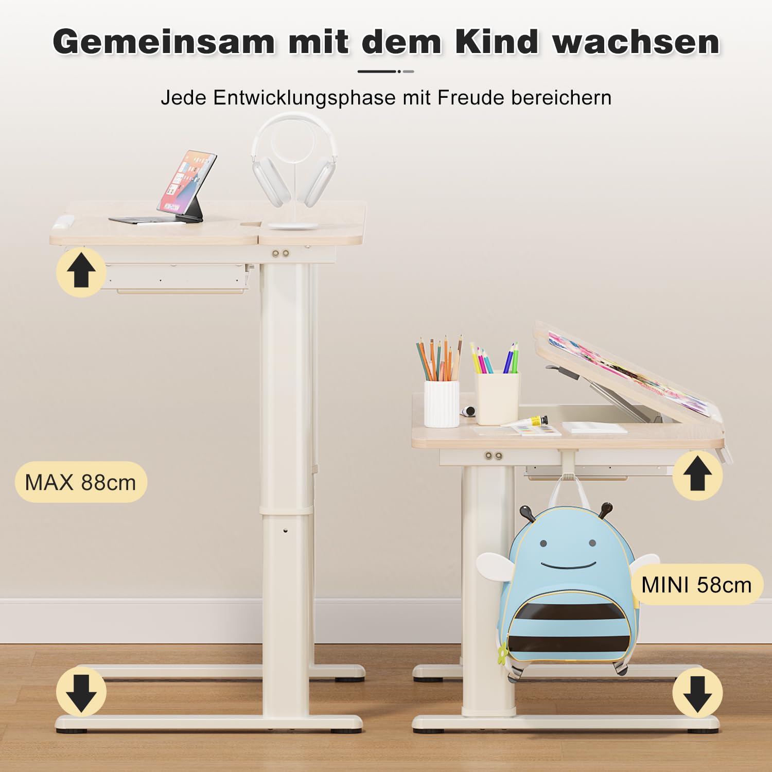 Devoko Kinderschreibtisch, Elektrisch Höhenverstellbarer Schreibtisch mit neigbarer Tischplatte mit Schubladen, Standing Desk mit 3 Speicherplätzen, Schreibtisch Kinder ab 6 Jahren, 120 x 60 cm Beige