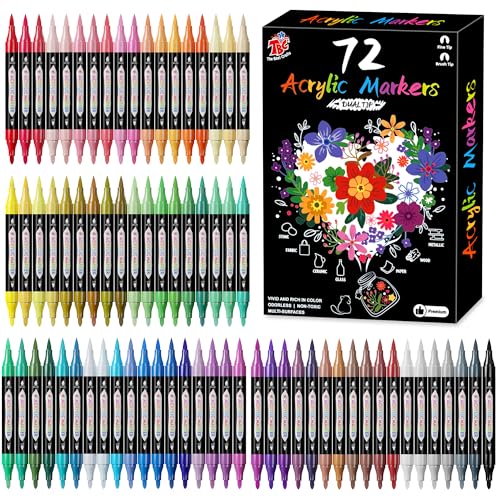 TBC The Best Crafts Acrylic Paint Markers 72 Colors Dual Tip Waterproof Non-Toxic Fast-Drying Art Pens for Rock Painting Wood Glass Ceramic Fabric