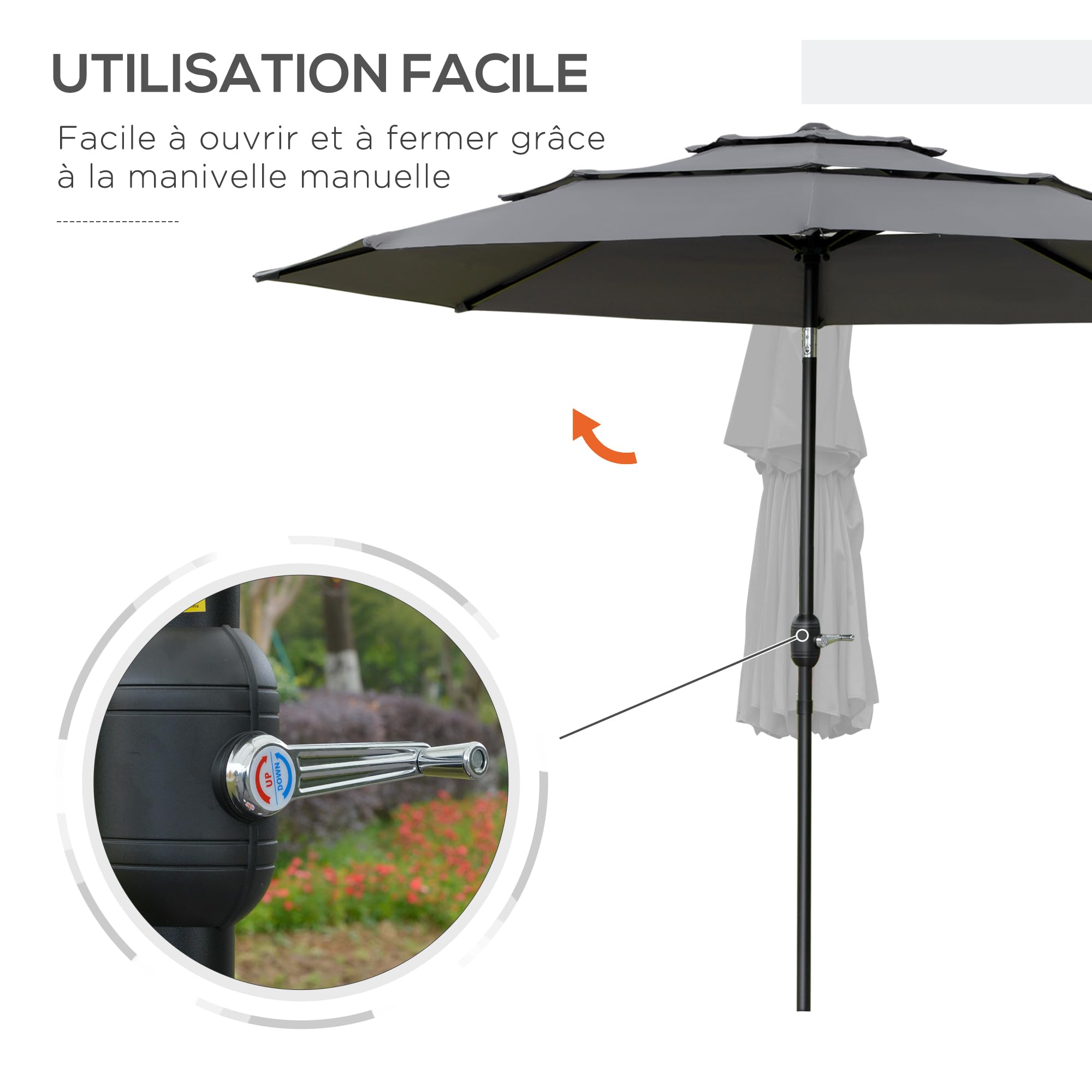 Outsunny Parasol de jardin extérieur parasol inclinable rond Ø 2,85 x 2,5 m avec ouverture fermeture manivelle, 2 évents, toile 180 g/m² protection Anti-UV, parasol pour balcon, terrasse, gris