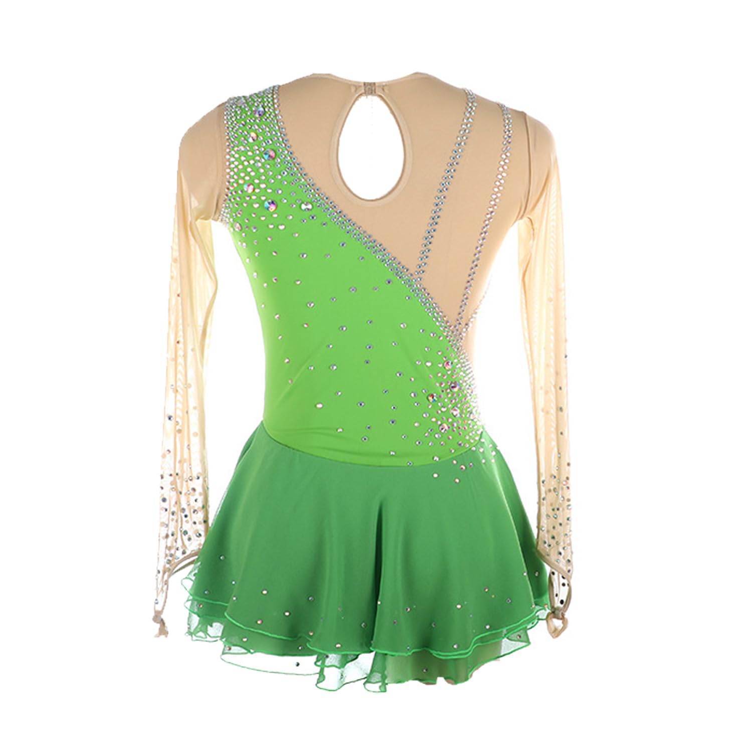 Eislaufkleider Mädchen Glitzer Eiskunstlauf Kleid Damen Langarm Kürkleid Strass Rollkunstlauf Wettbewerb Tanzanzug Ballerina Kleid,Grün,S