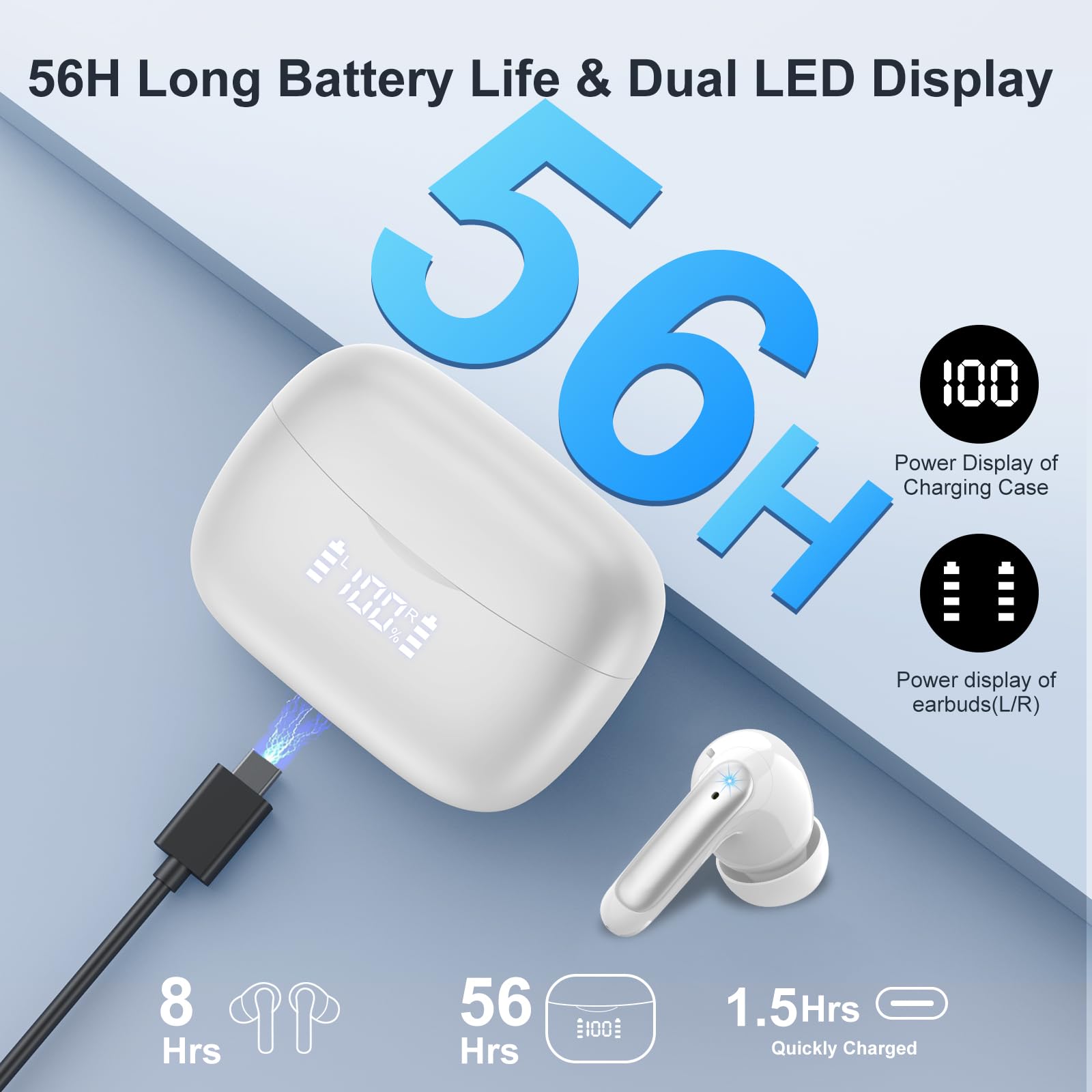 Cuffie Bluetooth, 56 Ore di Riproduzione, Auricolari Bluetooth 5.3 per iOS & Android