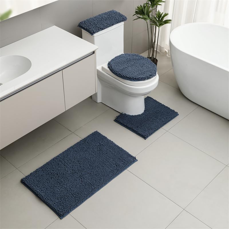 Tapis de bain en chenille épais et moelleux ensemble haut de gamme couleur bleu