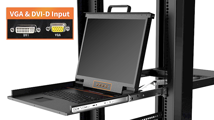 Image of 1U KVM 19 inch Rack Mount Monitor Keyboard, Single DVI /VGA Input with Cables