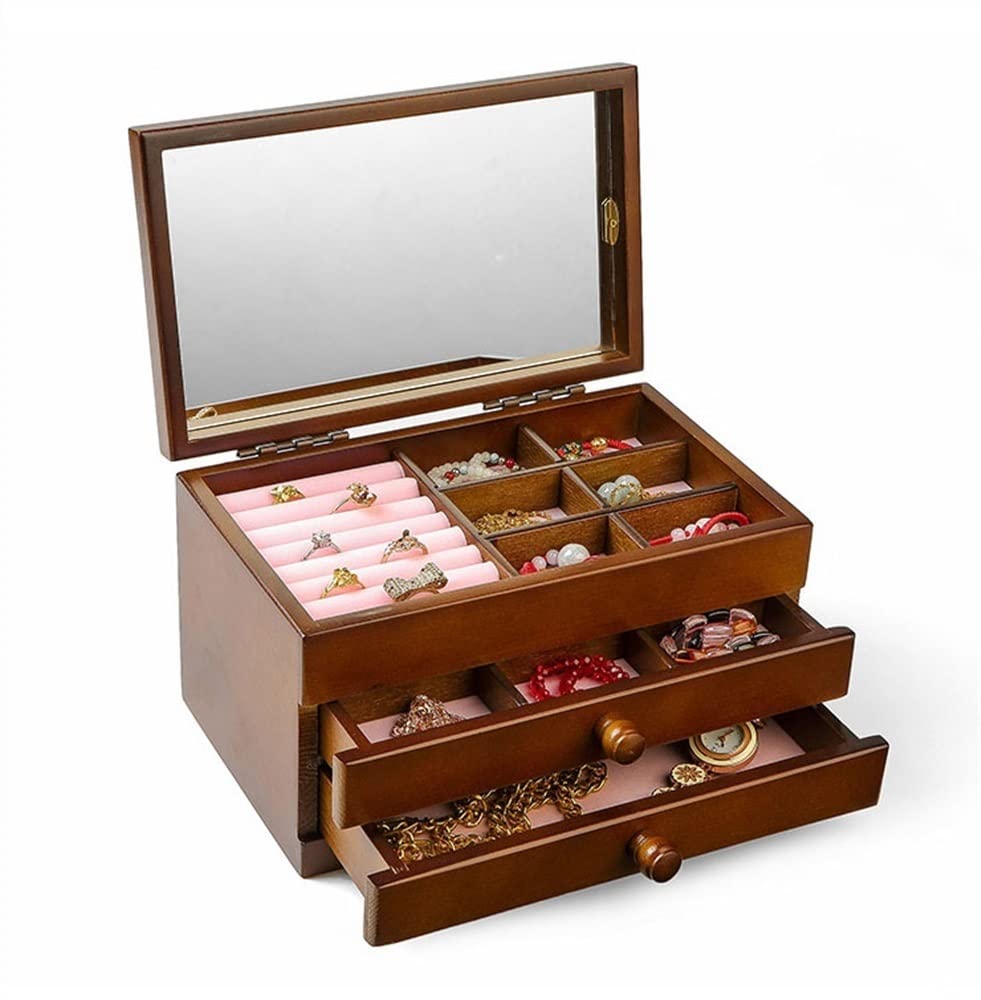 TIANQIHAO Wooden Jewelry Box, Jewelry Box Organizer For Women, 3 Layer Jewelry Storage Case, Portable Jewelry Box With Mirror