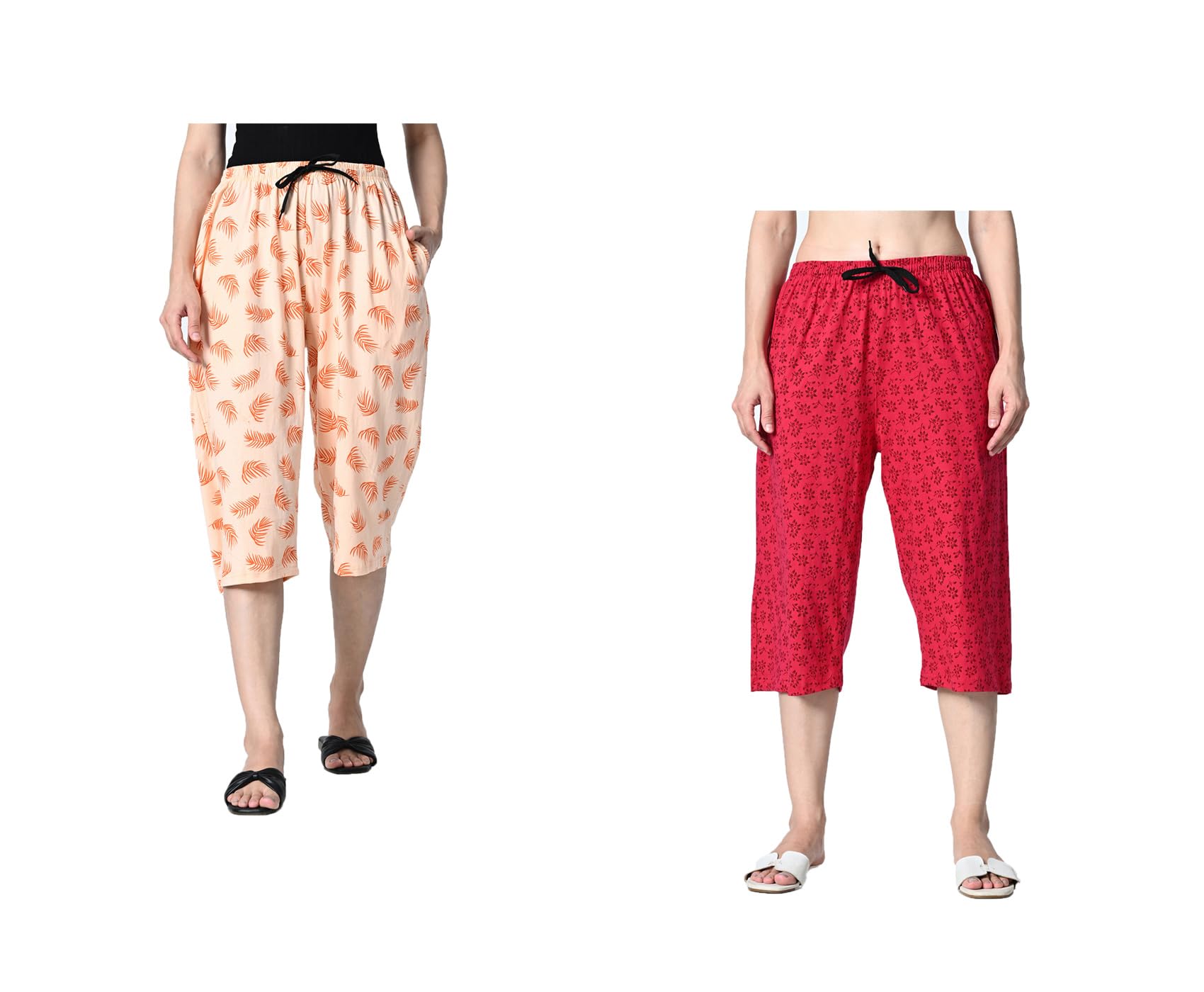 Women Pure Cotton Printed Loose Fit Capris 3/4th Pants (Pack of 2) Peach,Magenta-image-37