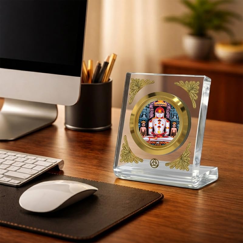 Image of DIVINITI 24K Gold Plated Lord Adinath Acrylic Frame for Car Dashboard, Home Temple & Office Table | Premium Spiritual Gift, Blessings for Protection & Positivity, 8x7 cm Decorative Showpiece