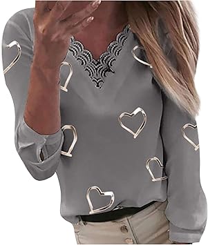 Masrin Damen Tops Mode Liebe Herz Bedrucktes T-Shirt V-Ausschnitt Spitze  Patchwork Pullover Langarm Lose Bluse : Amazon.de: Bekleidung