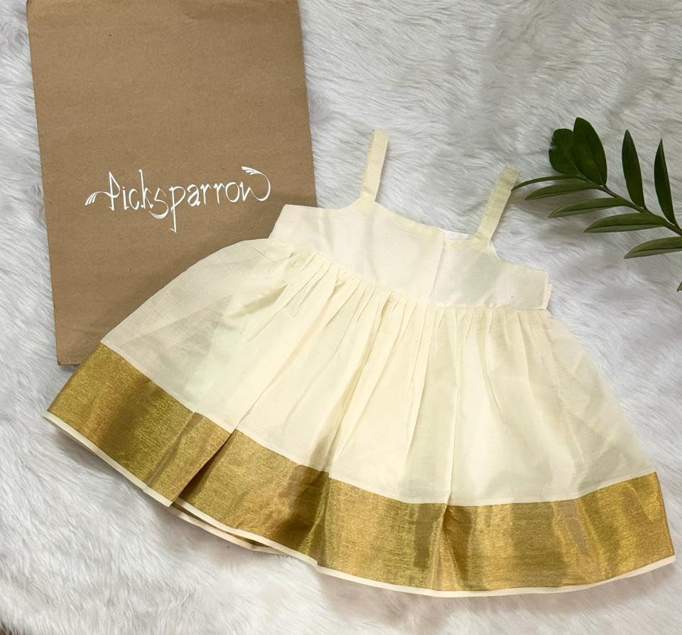 Image of Picksparrow Baby Girl Kerala Kasavu Cotton Dress (Peacock)