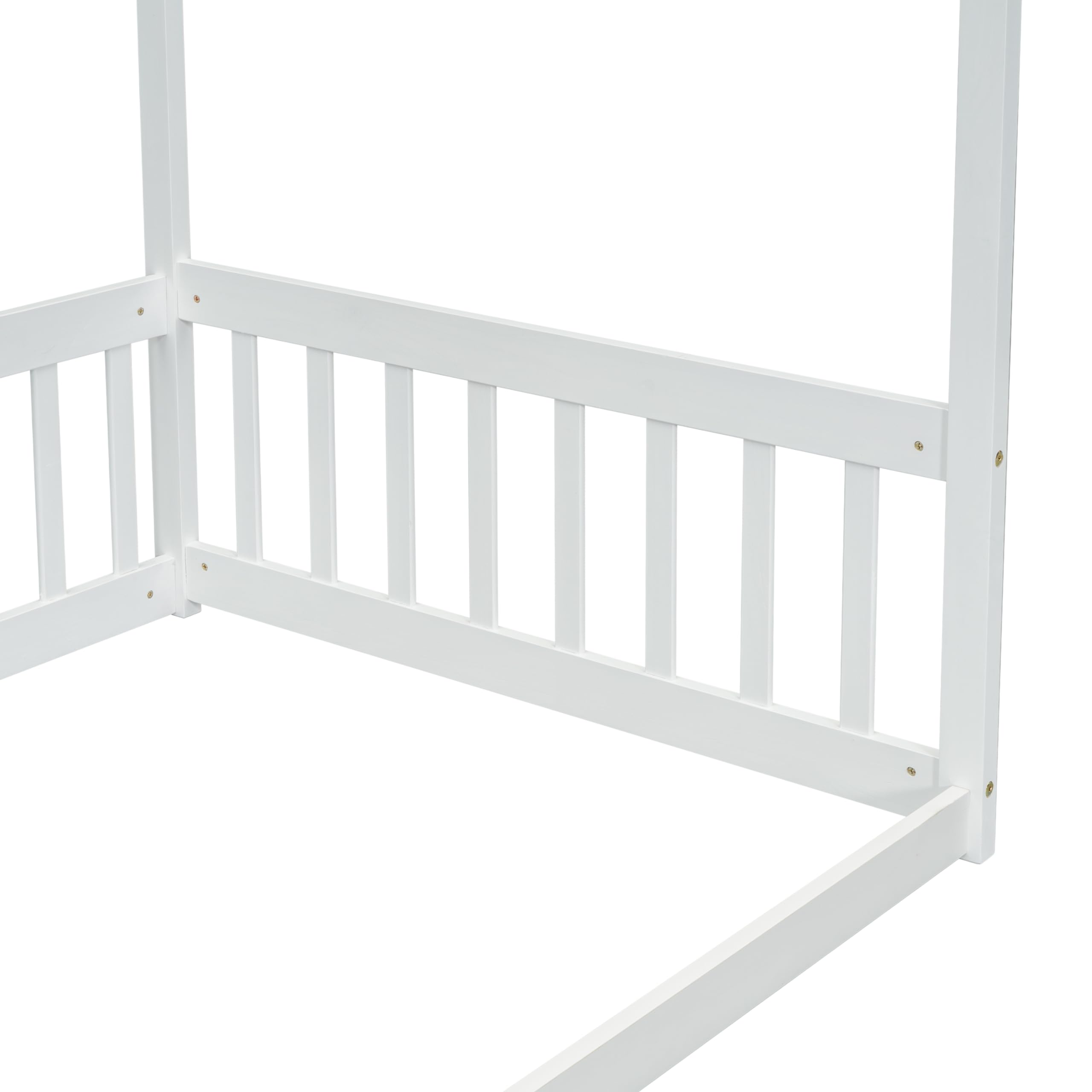 aphrophina Twin Size Canopy Frame Floor Bed with Guardrails for Safety, Elegant Design, White