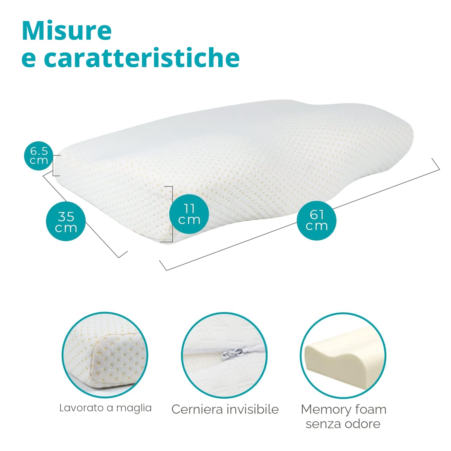 Edihome, Cuscino Cervicale, Memory Foam, 50 x 30 x 10 cm, Viscoelastico, con Doppia Fodera in Cotone, Ipoallergenico
