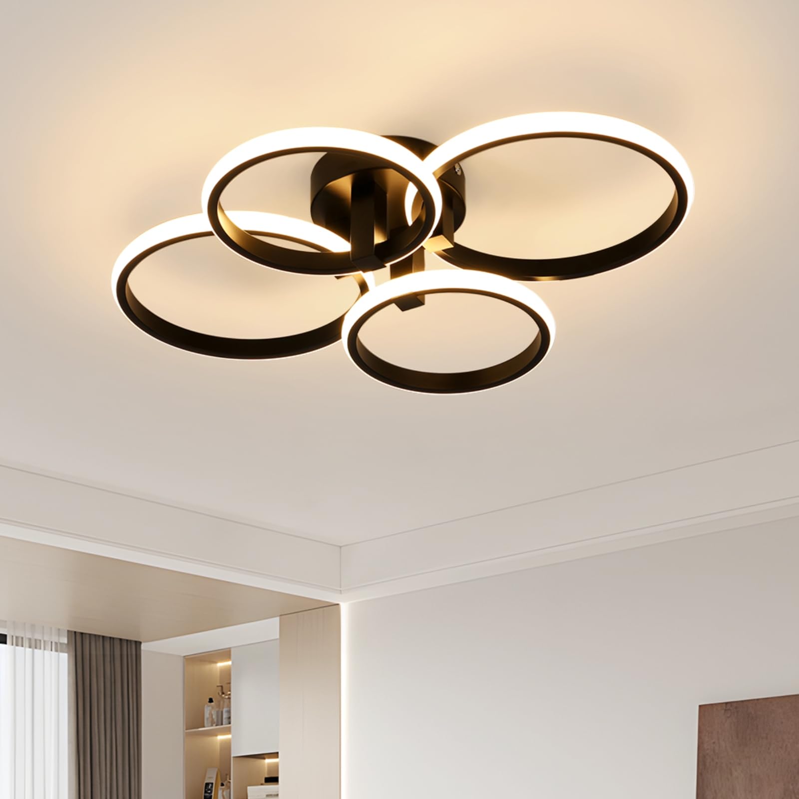SENQIU Plafon Led Techo, 48W 5400LM Lámpara de Techo Modernas, Creativa Redondo Negro Luz de Techo para Dormitorio Salon Comedor Cocina, Blanco Cálido 3000K